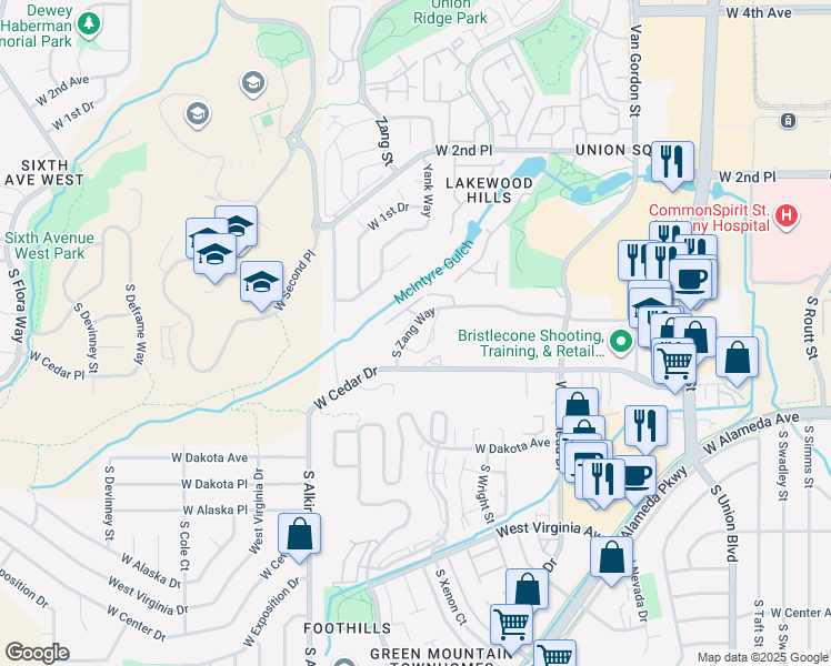 map of restaurants, bars, coffee shops, grocery stores, and more near 141 South Zang Way in Lakewood