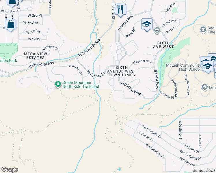 map of restaurants, bars, coffee shops, grocery stores, and more near 133 South Indiana Way in Golden