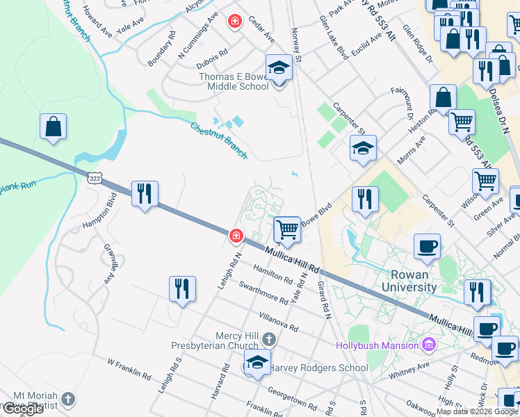 map of restaurants, bars, coffee shops, grocery stores, and more near 515 Mullica Hill Road in Glassboro