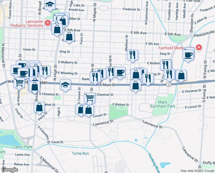 map of restaurants, bars, coffee shops, grocery stores, and more near 561 East Main Street in Lancaster
