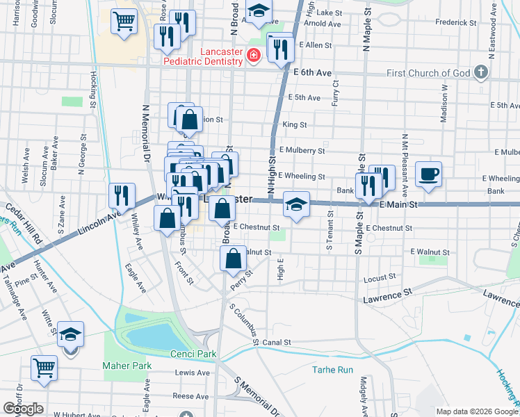 map of restaurants, bars, coffee shops, grocery stores, and more near 137 East Main Street in Lancaster