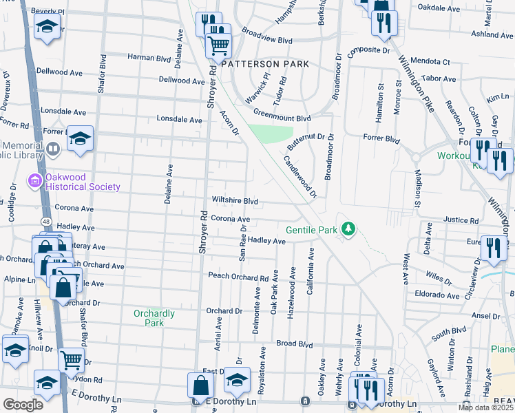 map of restaurants, bars, coffee shops, grocery stores, and more near 2358 San Rae Drive in Dayton