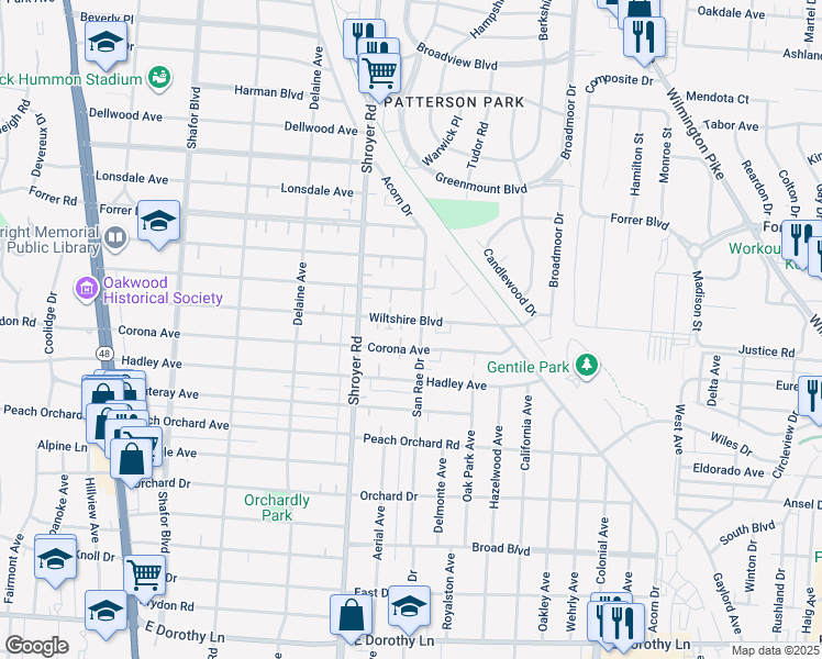 map of restaurants, bars, coffee shops, grocery stores, and more near 2358 San Rae Drive in Dayton