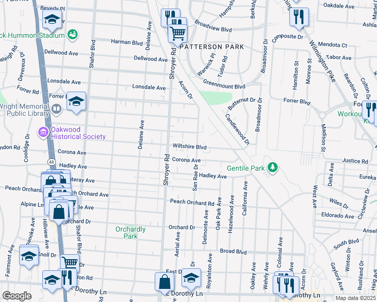 map of restaurants, bars, coffee shops, grocery stores, and more near 527 Wiltshire Boulevard in Dayton