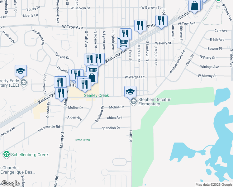 map of restaurants, bars, coffee shops, grocery stores, and more near 3333 South Rybolt Avenue in Indianapolis