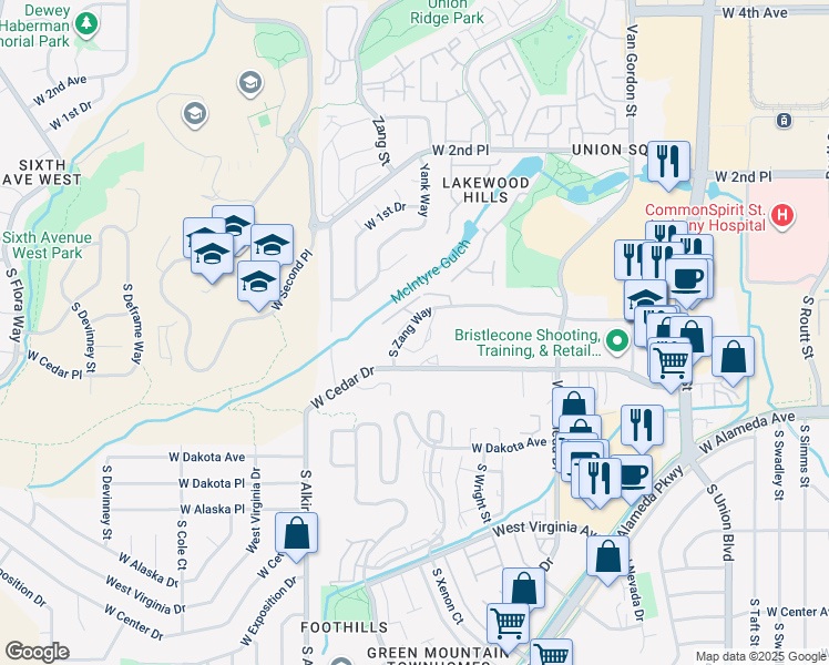 map of restaurants, bars, coffee shops, grocery stores, and more near 148 South Zang Way in Lakewood