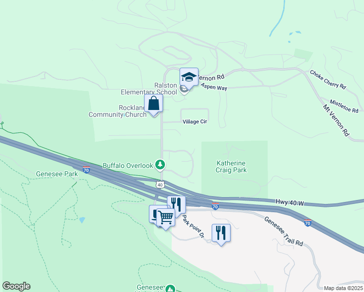 map of restaurants, bars, coffee shops, grocery stores, and more near 36 South Mount Vernon Country Club Road in Golden