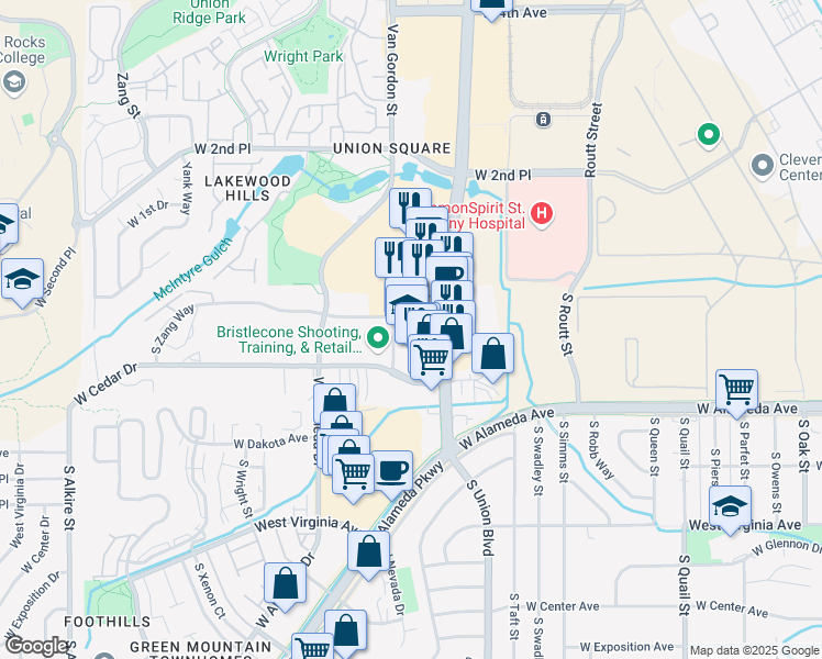 map of restaurants, bars, coffee shops, grocery stores, and more near 165 South Union Boulevard in Lakewood