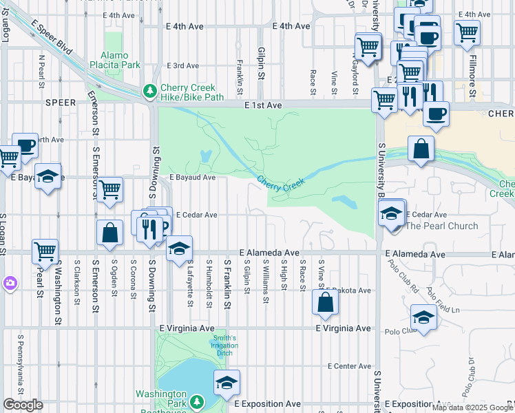 map of restaurants, bars, coffee shops, grocery stores, and more near 1701 East Cedar Avenue in Denver