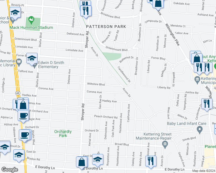 map of restaurants, bars, coffee shops, grocery stores, and more near 628 Wiltshire Boulevard in Dayton