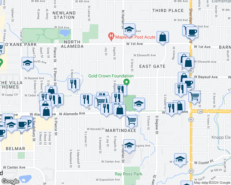 map of restaurants, bars, coffee shops, grocery stores, and more near 170 South Ingalls Street in Denver