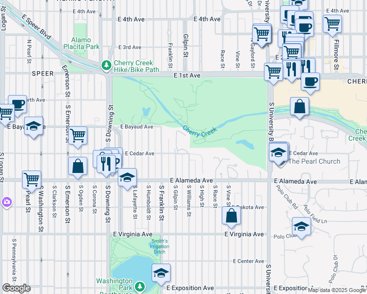 map of restaurants, bars, coffee shops, grocery stores, and more near 1701 East Cedar Avenue in Denver