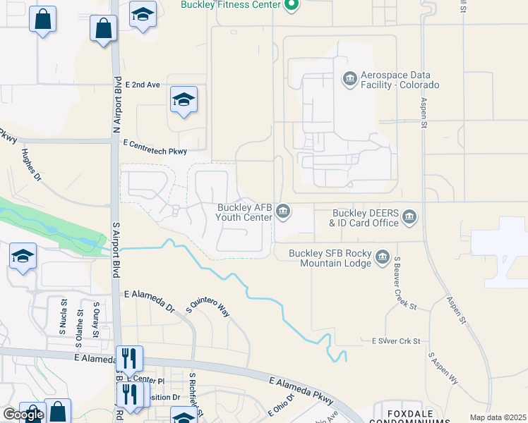 map of restaurants, bars, coffee shops, grocery stores, and more near Powder Horn Street in Aurora