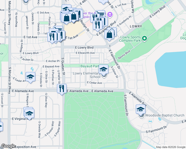 map of restaurants, bars, coffee shops, grocery stores, and more near 118 South Syracuse Street in Denver