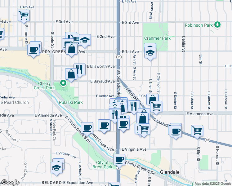 map of restaurants, bars, coffee shops, grocery stores, and more near 127 South Harrison Street in Denver