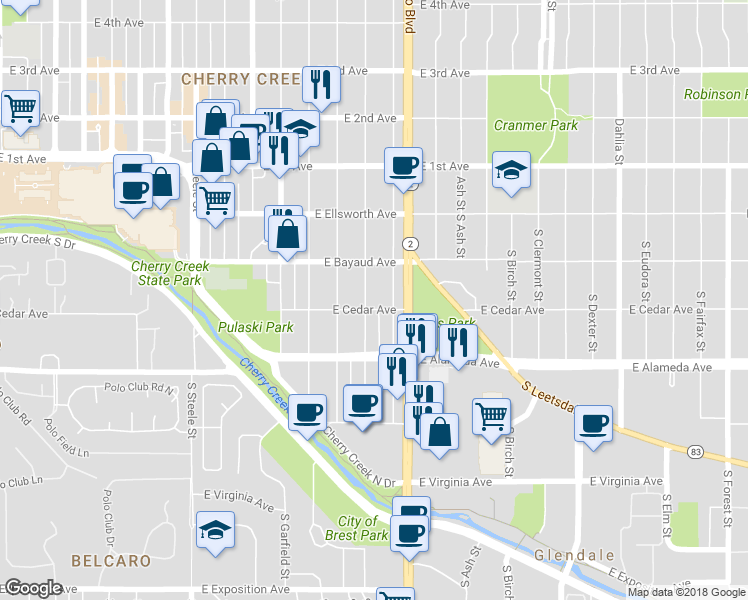 map of restaurants, bars, coffee shops, grocery stores, and more near 127 South Harrison Street in Denver