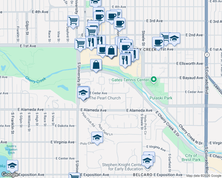 map of restaurants, bars, coffee shops, grocery stores, and more near 2628 Cherry Creek South Drive in Denver