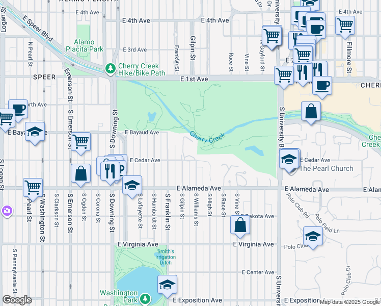map of restaurants, bars, coffee shops, grocery stores, and more near 1699 East Cedar Avenue in Denver