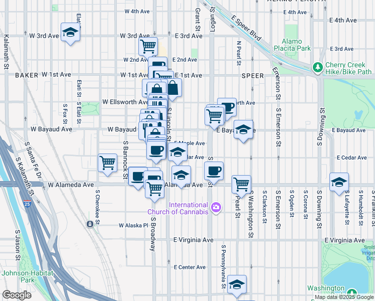 map of restaurants, bars, coffee shops, grocery stores, and more near 124 South Sherman Street in Denver