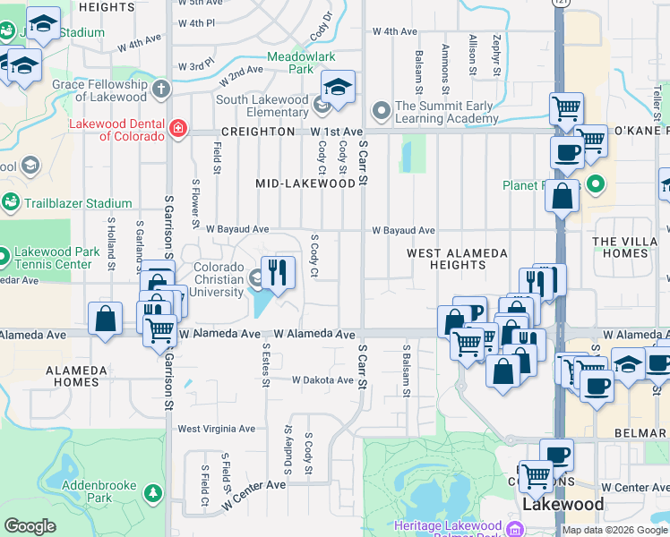 map of restaurants, bars, coffee shops, grocery stores, and more near 150 South Cody Court in Denver