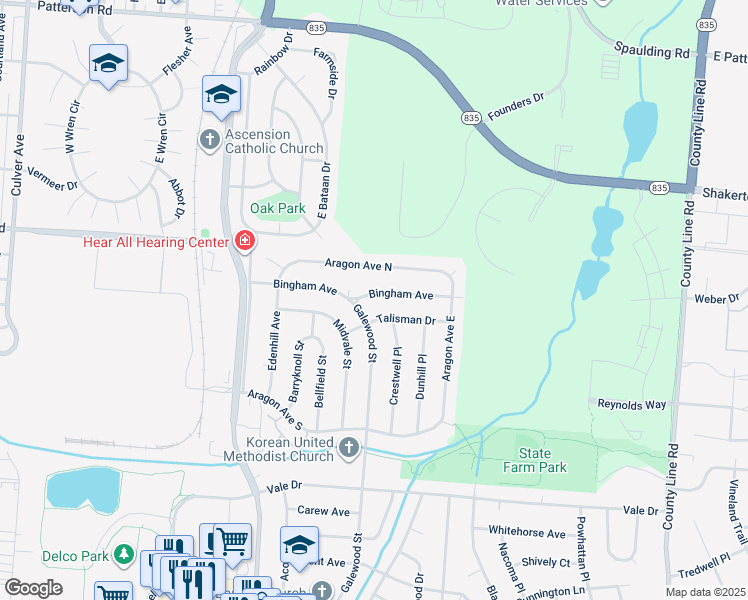 map of restaurants, bars, coffee shops, grocery stores, and more near 2448 Aragon Avenue East in Dayton