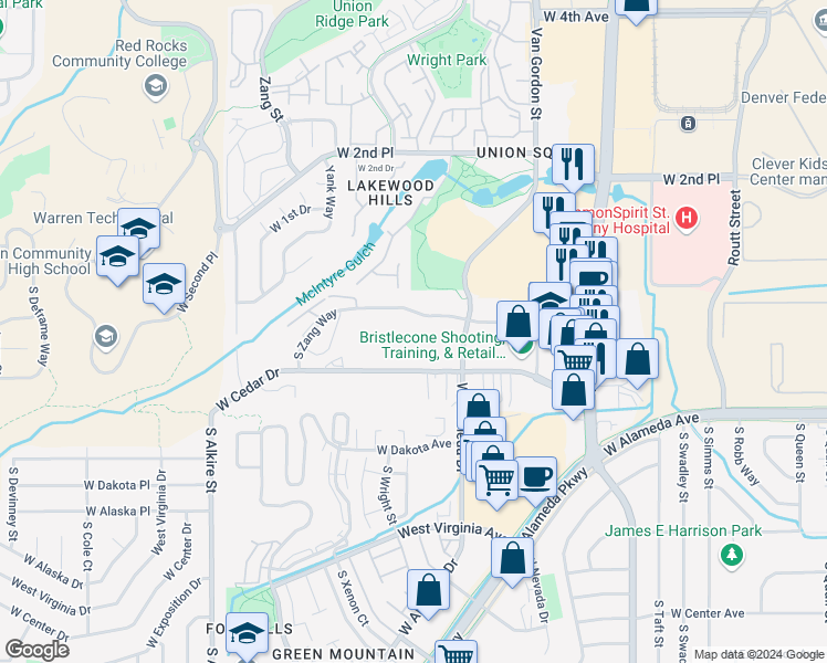 map of restaurants, bars, coffee shops, grocery stores, and more near 12596 West Bayaud Avenue in Lakewood