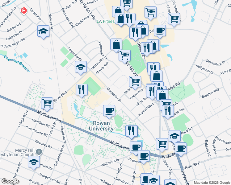 map of restaurants, bars, coffee shops, grocery stores, and more near 28 Williamsburg Court in Glassboro