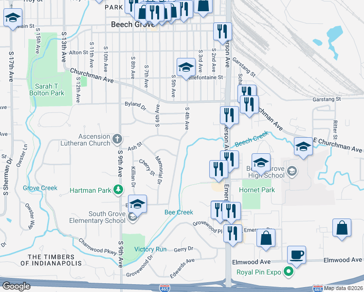 map of restaurants, bars, coffee shops, grocery stores, and more near 509 South 4th Avenue in Beech Grove