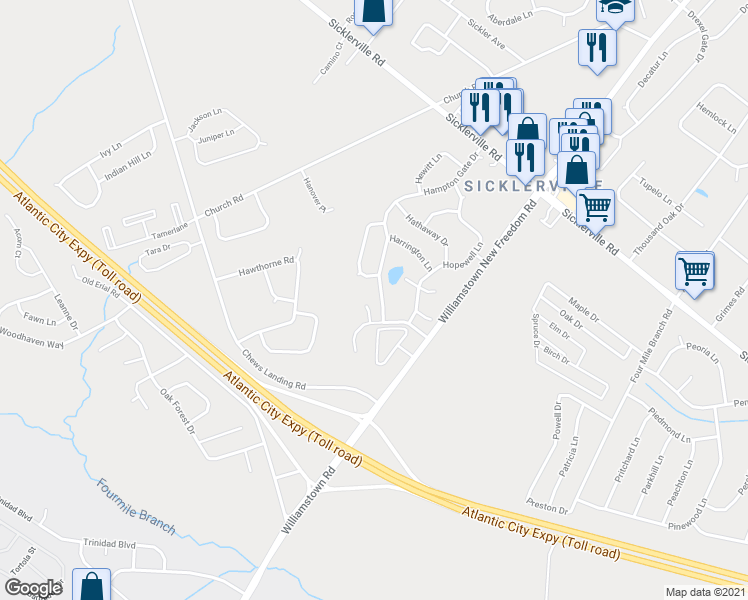 map of restaurants, bars, coffee shops, grocery stores, and more near 11 Hampton Gate Drive in Winslow Township