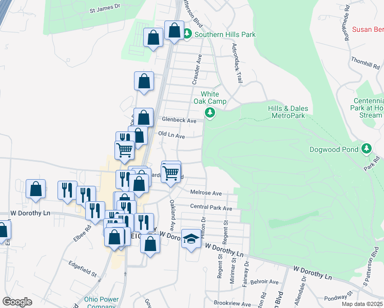 map of restaurants, bars, coffee shops, grocery stores, and more near 1424 Abingdon Road in Dayton