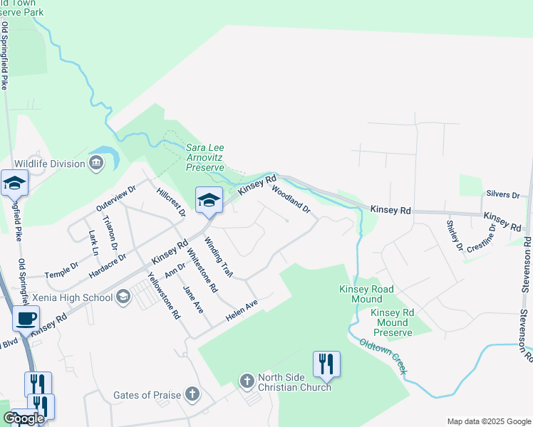 map of restaurants, bars, coffee shops, grocery stores, and more near 1136 Neeld Drive in Xenia