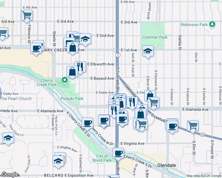 map of restaurants, bars, coffee shops, grocery stores, and more near 127 South Harrison Street in Denver