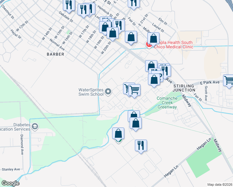 map of restaurants, bars, coffee shops, grocery stores, and more near 13 Commerce Court in Chico