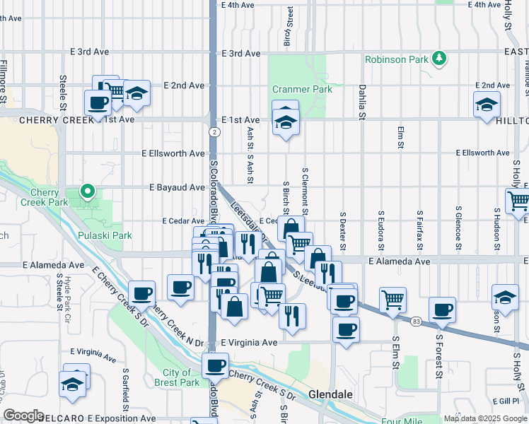 map of restaurants, bars, coffee shops, grocery stores, and more near 4225 East Shangri La Drive in Denver