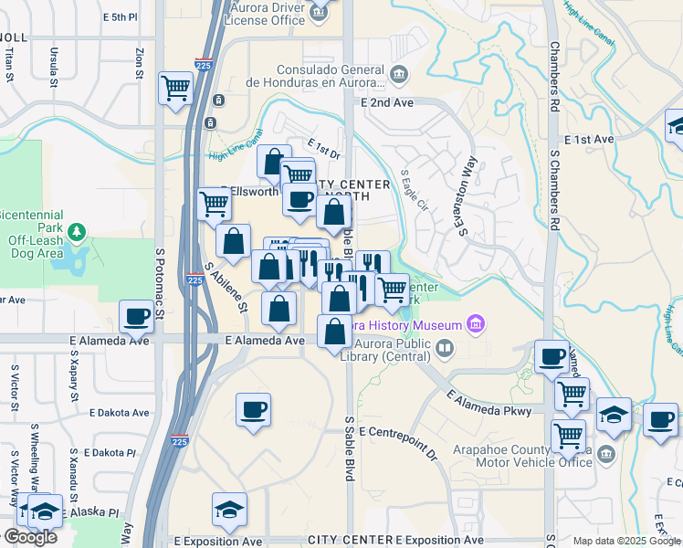 map of restaurants, bars, coffee shops, grocery stores, and more near 165 South Sable Boulevard in Aurora