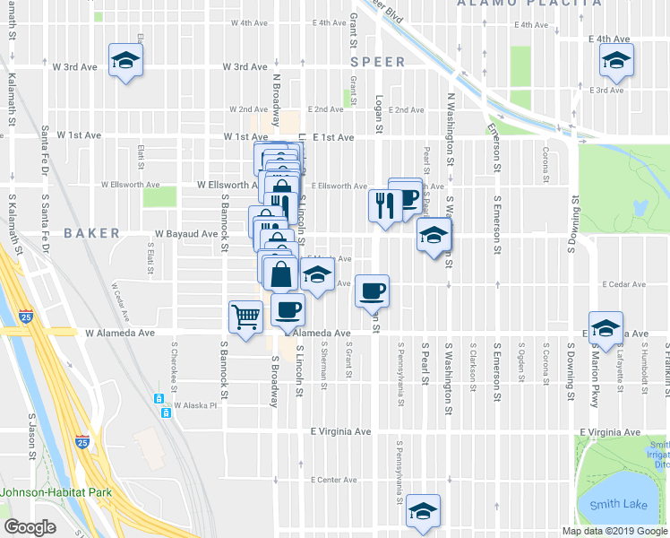 map of restaurants, bars, coffee shops, grocery stores, and more near 124 South Sherman Street in Denver