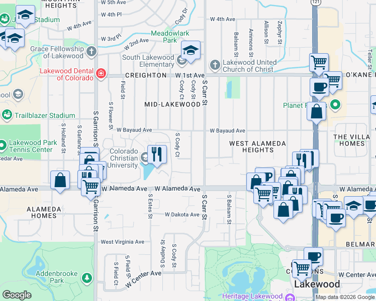 map of restaurants, bars, coffee shops, grocery stores, and more near 150 South Cody Court in Denver