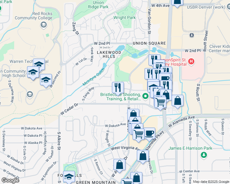 map of restaurants, bars, coffee shops, grocery stores, and more near 12265 West Bayaud Avenue in Lakewood