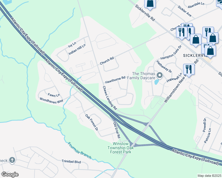 map of restaurants, bars, coffee shops, grocery stores, and more near 6 Hawthorne Road in Sicklerville