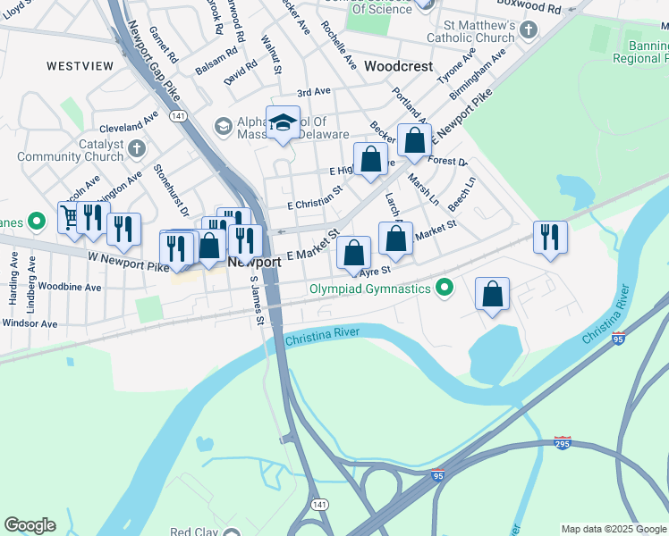map of restaurants, bars, coffee shops, grocery stores, and more near 220 East Market Street in Wilmington