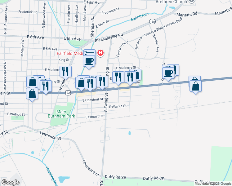 map of restaurants, bars, coffee shops, grocery stores, and more near 1404 East Main Street in Lancaster