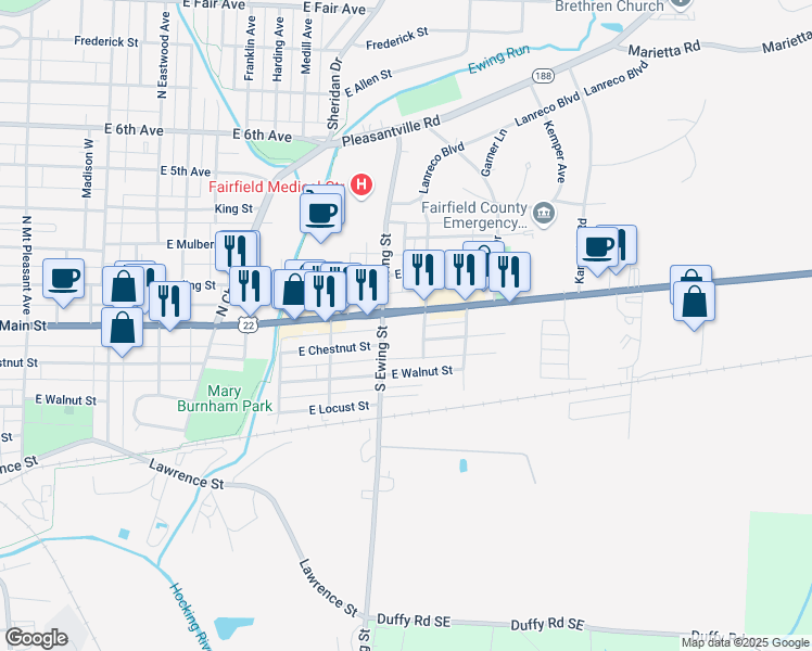 map of restaurants, bars, coffee shops, grocery stores, and more near 1301 East Main Street in Lancaster