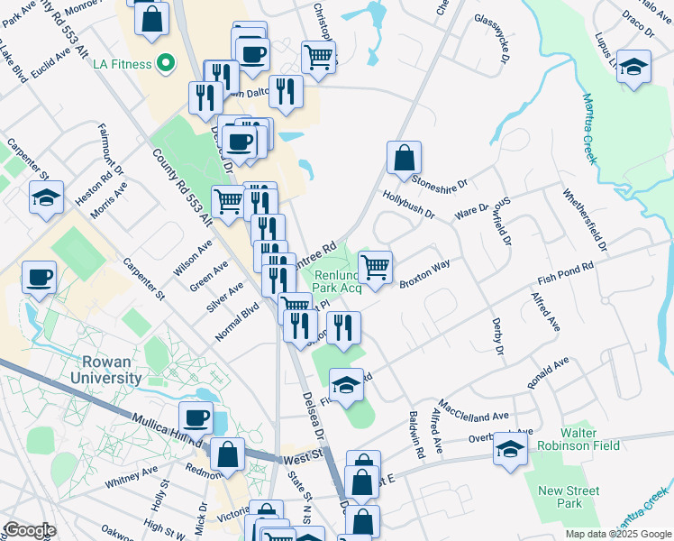 map of restaurants, bars, coffee shops, grocery stores, and more near 23 High Street West in Glassboro