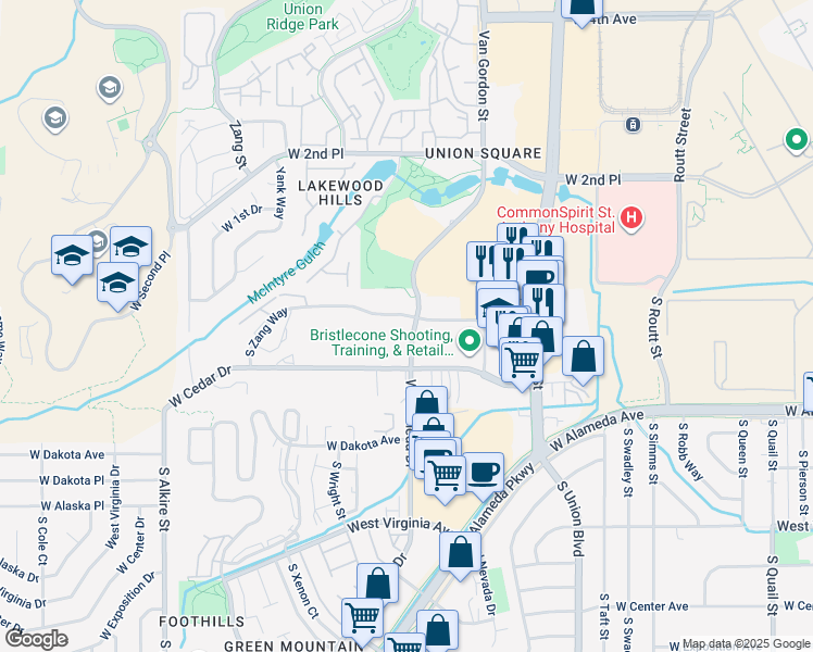 map of restaurants, bars, coffee shops, grocery stores, and more near 133 South Van Gordon Street in Lakewood
