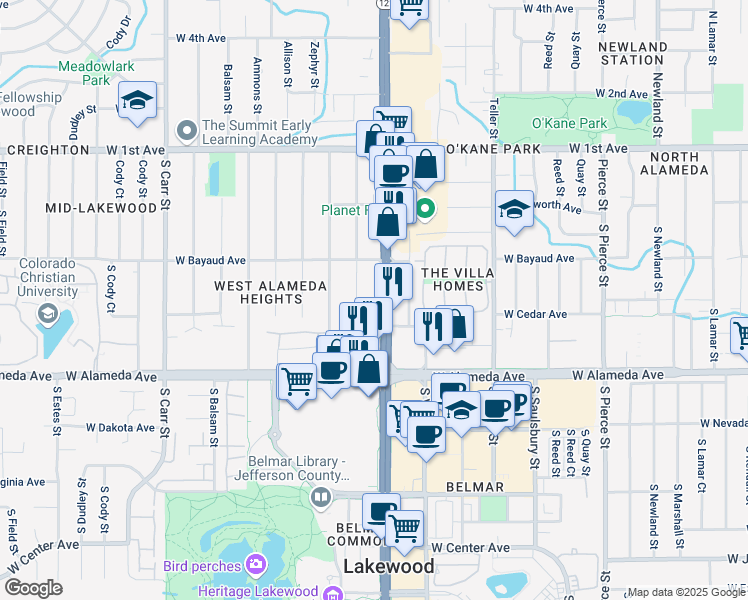 map of restaurants, bars, coffee shops, grocery stores, and more near 160 South Yukon Street in Lakewood