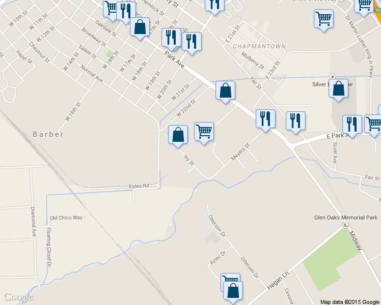 map of restaurants, bars, coffee shops, grocery stores, and more near 2289 Ivy Street in Chico