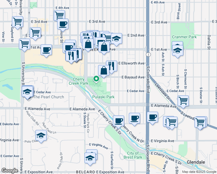 map of restaurants, bars, coffee shops, grocery stores, and more near in Denver