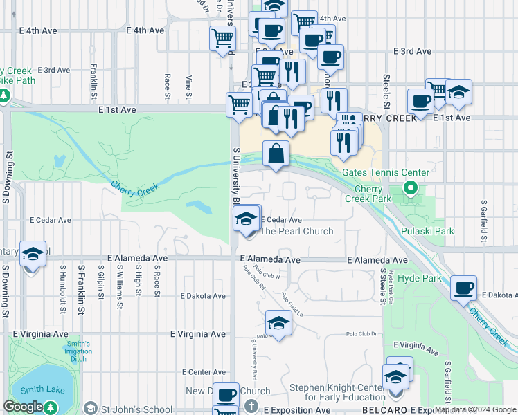 map of restaurants, bars, coffee shops, grocery stores, and more near 2535 East Cedar Avenue in Denver