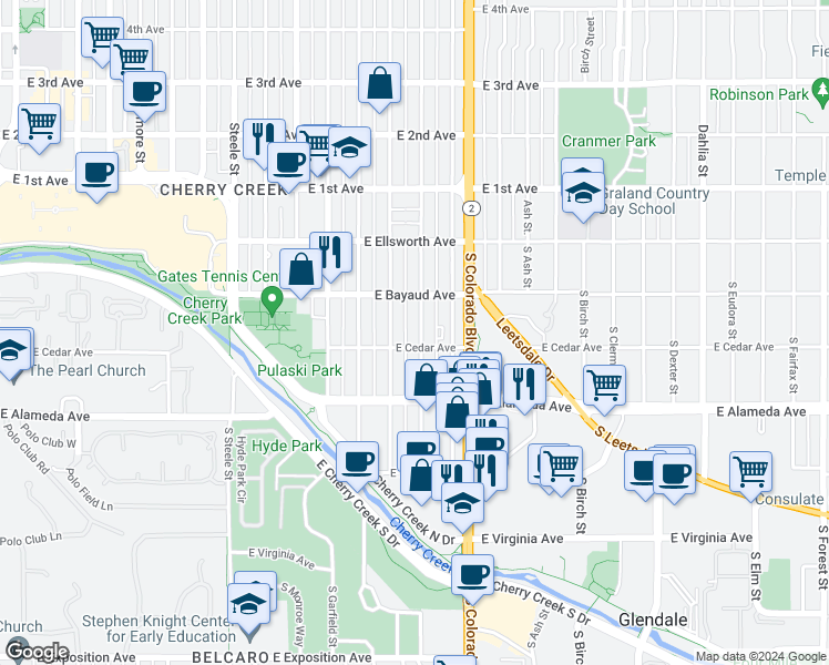 map of restaurants, bars, coffee shops, grocery stores, and more near 155 South Jackson Street in Denver