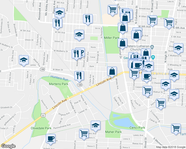 map of restaurants, bars, coffee shops, grocery stores, and more near 1081/2 George West in Lancaster